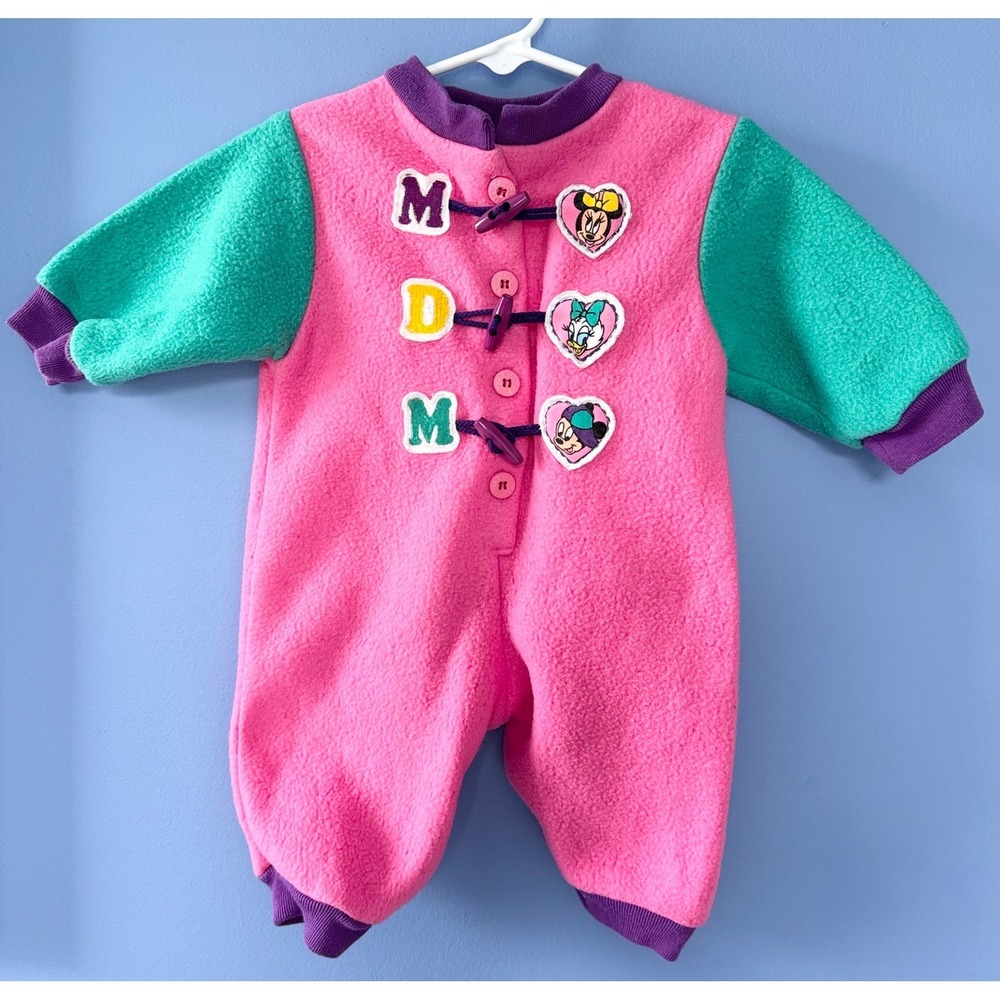 Vintage 90's Disney Minnie Mickey Daisy Fleece Romper Pastel Colorblock 0-6 Mo